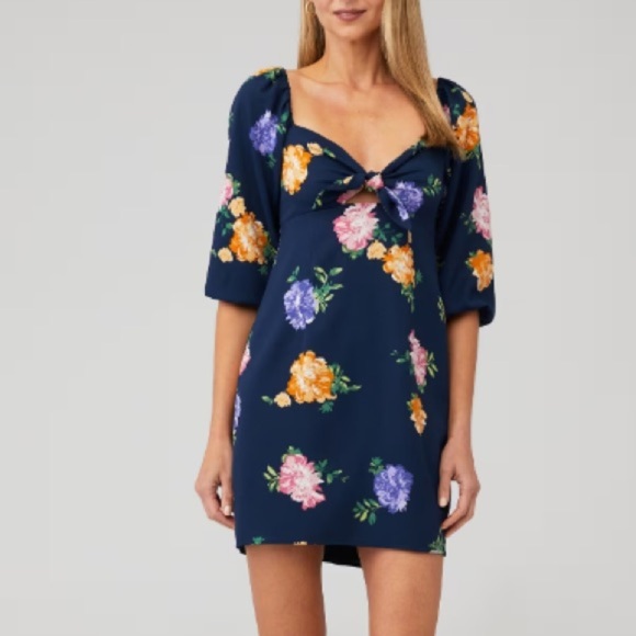 New Revolve WAYF Floral Navy Tie Front Poof Sleeve Dress - Picture 1 of 7